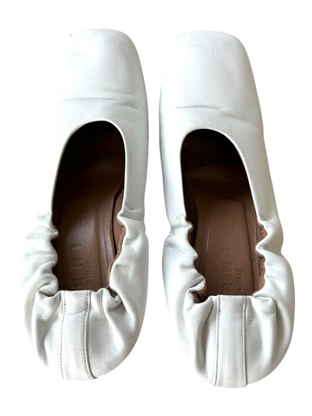 Marni White Leather Ruched Square-Toe Block Heel Pumps Glove Ballerina - Size 37